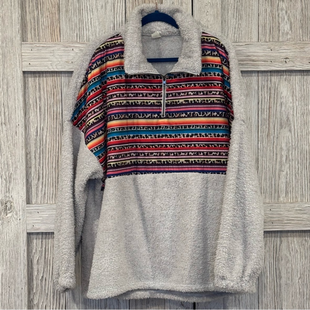 Sunshine & Rodeo Cozy Fleece Pullover with Colorful Serape Design sz 3XL